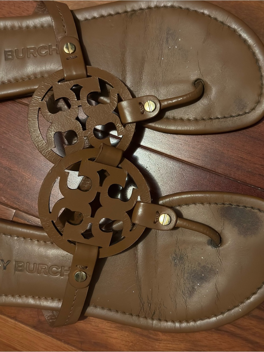 Tory Burch Brown Leather Logo Thong Sandals
